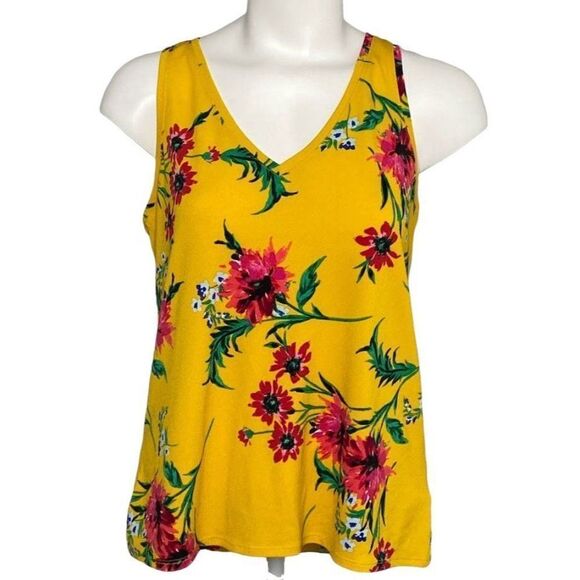Express Yellow Pink Floral Sleeveless V Neck Stretch Top sz XS - Picture 1 of 7